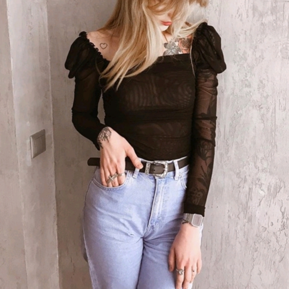 Mesh ruffle top sheer black - Picture 8 of 11